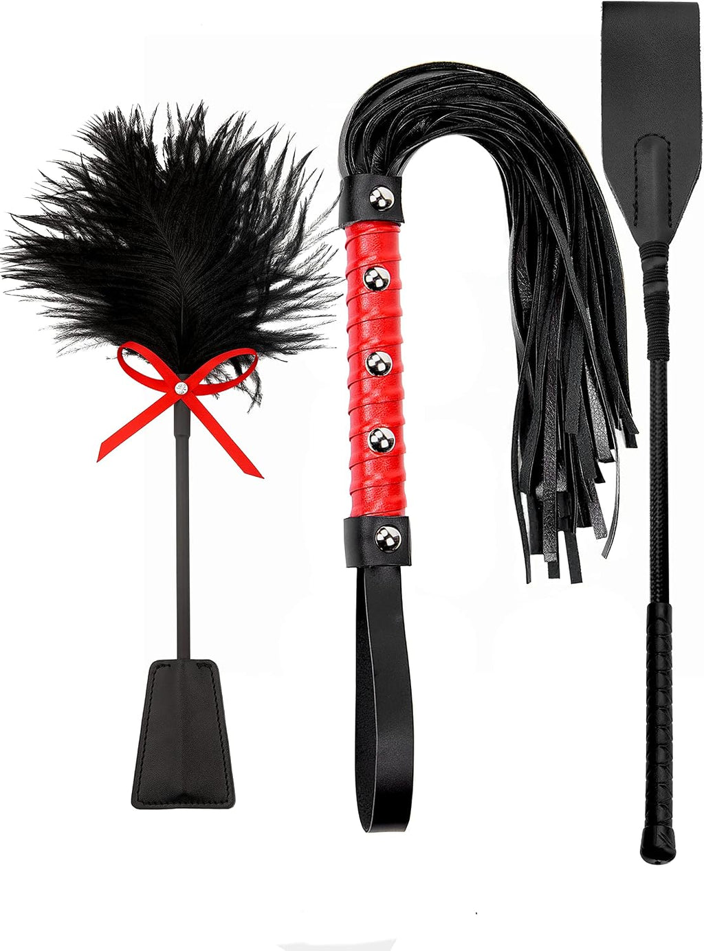 Riding Whip Riding Crop and Feather Tickler Set for Couples, Faux Leather Whips Black and Red, Feather Ticklers Teasers