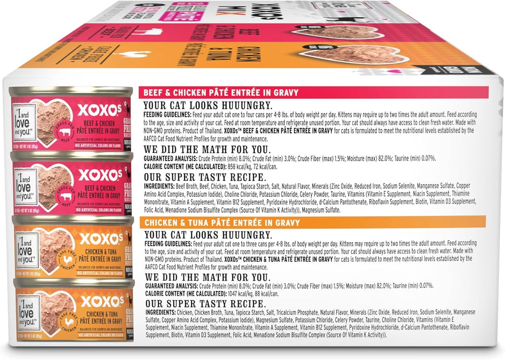 XOXOs Wet Cat Food - Chicken + Beef Pâté Variety Pack - Grain Free, Filler Free, 3oz Pack of 12 Cans