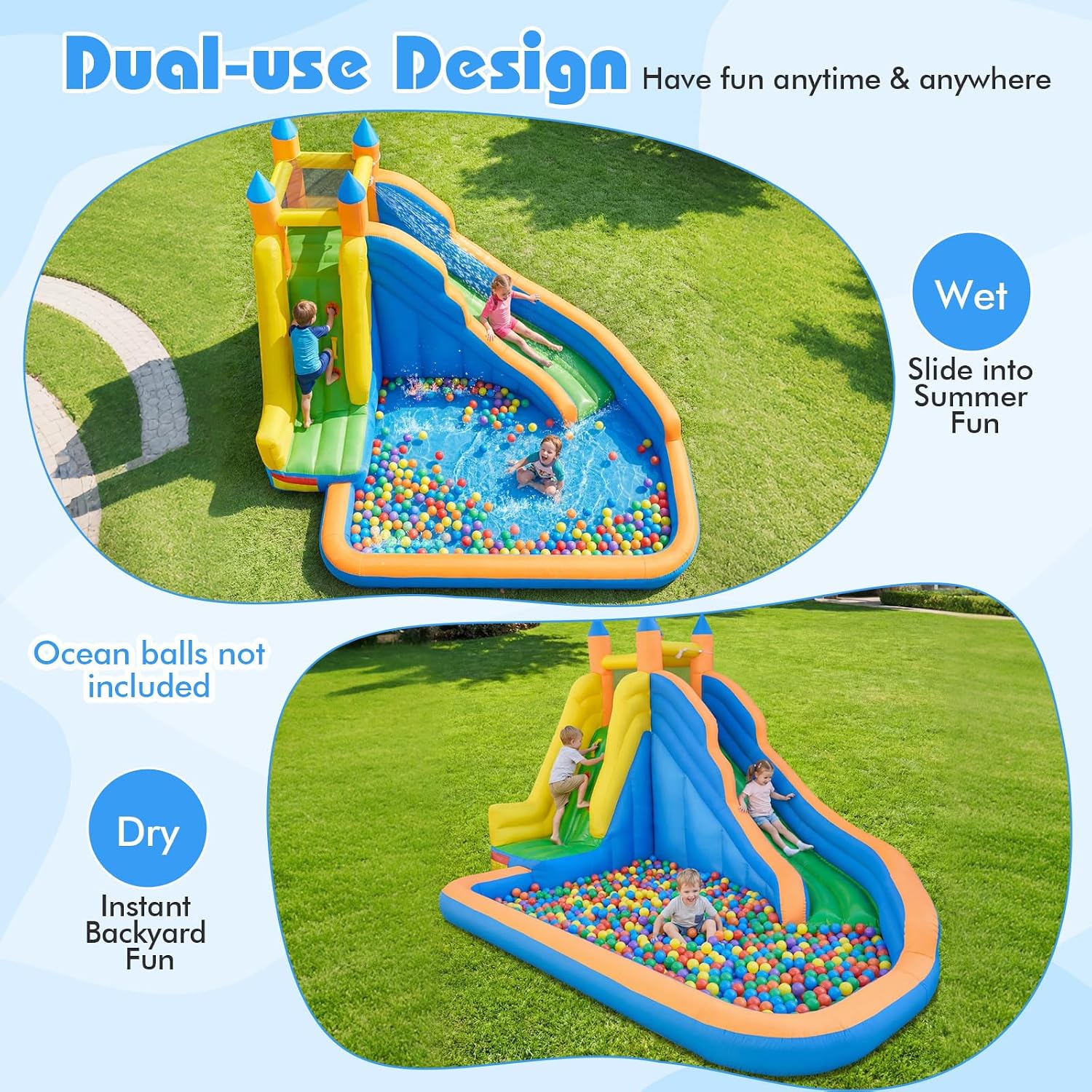 Inflatable Water Slide, Giant Bouncy Water Park Jump Castle Waterslide for Kids Backyard Outdoor Fun with Climbing