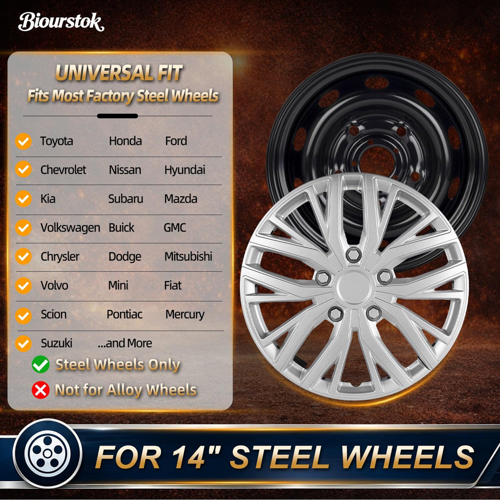 14 Inch Universal Hubcaps, Silver Wheel Covers, Set of 4