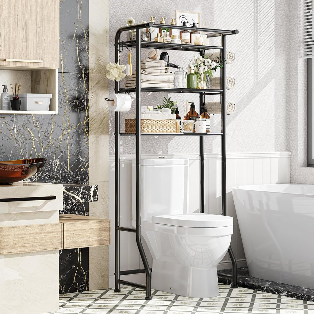 Over The Toilet Storage Cabinet, Metal Bathroom Shelf Organizer with Paper Holder and Hooks, 3 Tier, Black