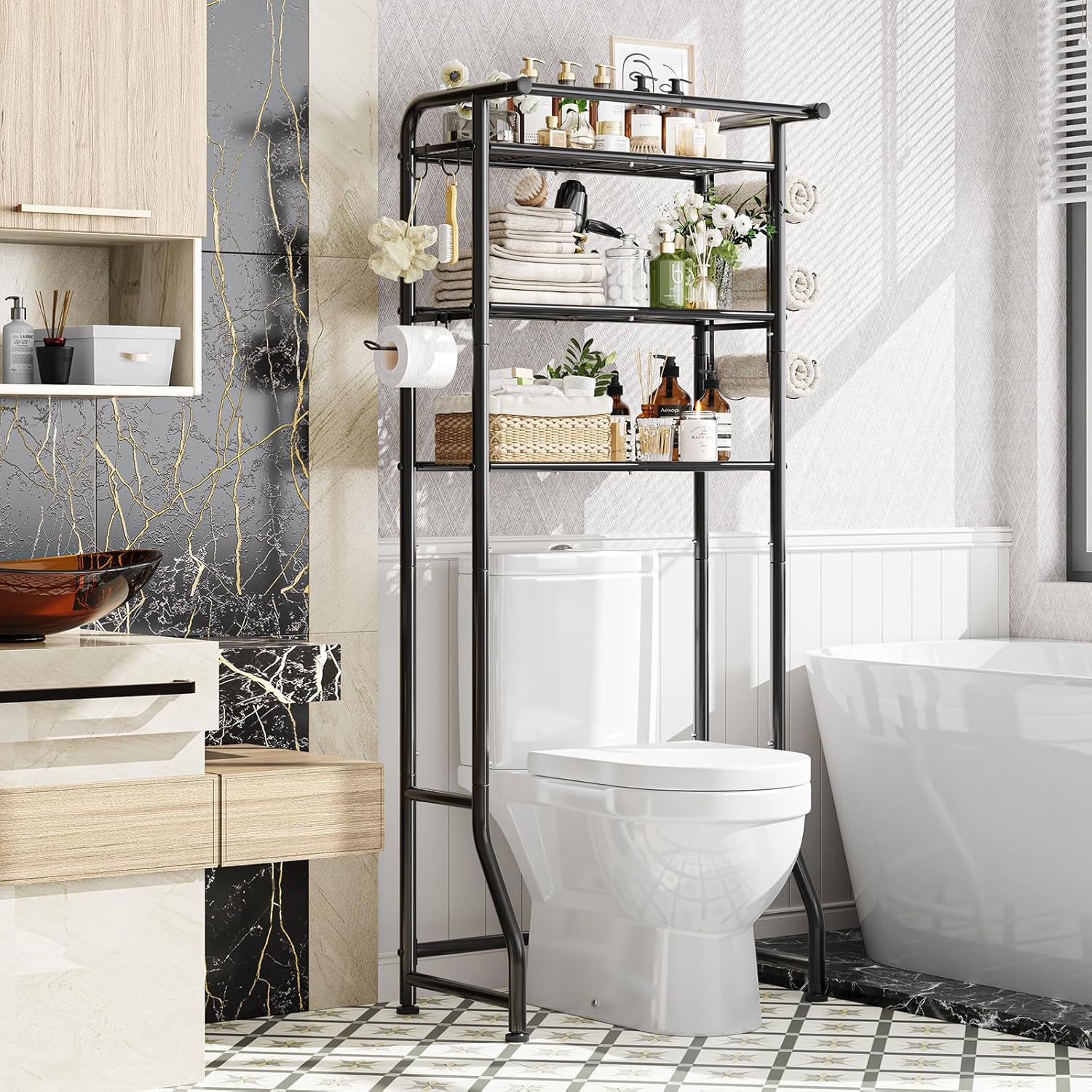 Over The Toilet Storage Cabinet, Metal Bathroom Shelf Organizer with Paper Holder and Hooks, 3 Tier, Black