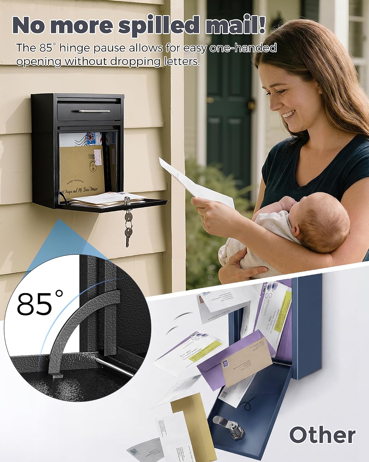 Mailbox for Outside Wall Mount, Heavy Duty Rustproof, Anti-Theft Locking Mailbox with 4 Keys, Weatherproof for