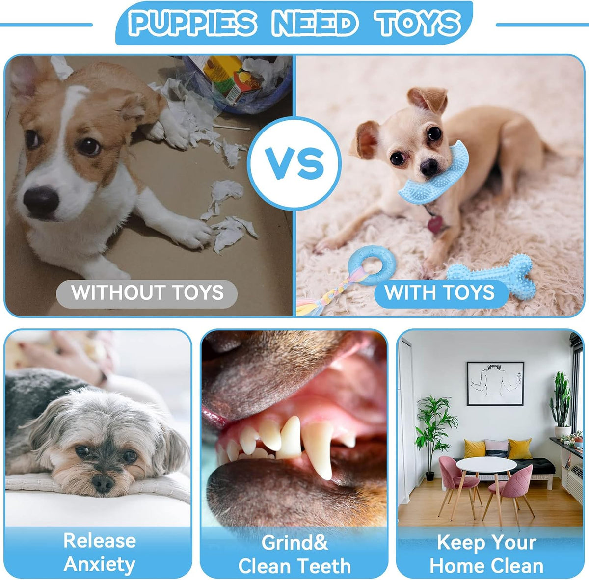 6 Pack Puppy Chew Toys - Blue, Soft Rubber Rope & Bone Ball Teething Toys for Small Dogs & Puppies, Including Yorkie