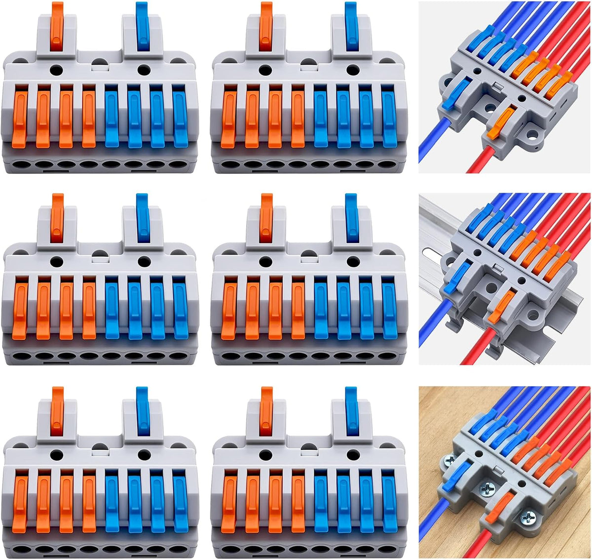 CESFONJER 2-in-8-out Compact Terminal Blocks (6 Sets), Lever Wire Splicing Connectors, 2 Input 8 Output, DIN Rail & Screw Fix, 28-12AWG, Includes Mounts & Screws
