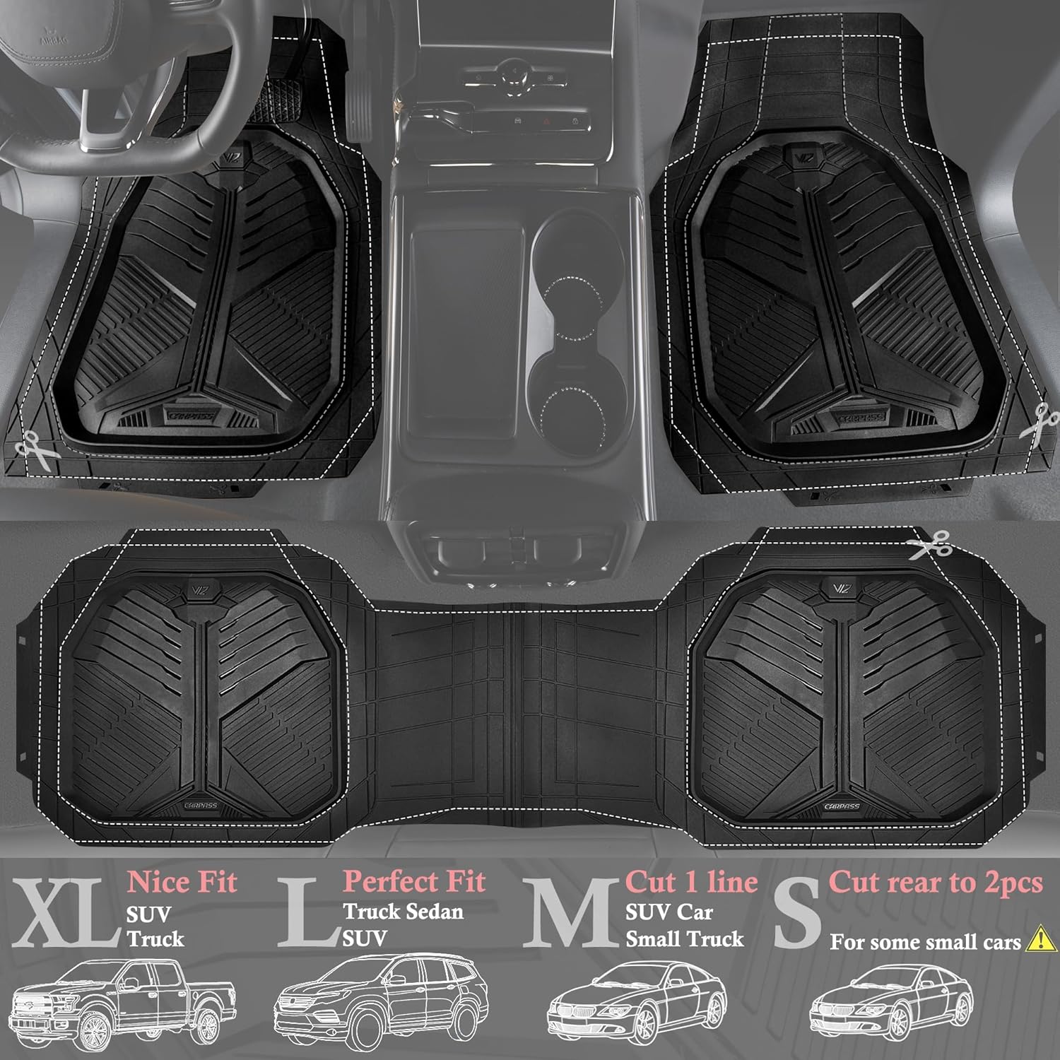 Heavy Duty Rubber Car Mats with Cargo Liner, Deep-Dish Car Floor Mats and Trunk Mat All Weather, Universal