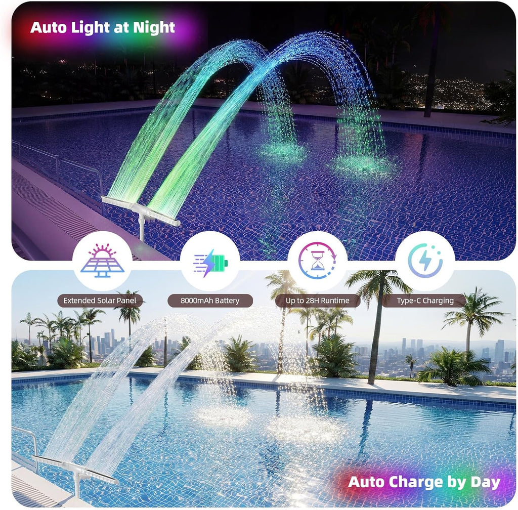 Solar Pool Fountain, 22'' Height Dual-Head Adjustable Spray, Auto Dusk Sensor & 6 Timer Option, Extended 8000mah