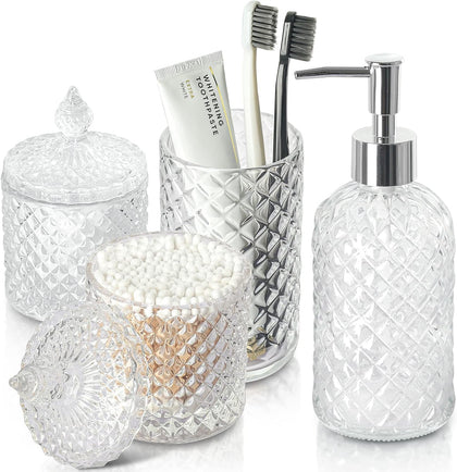 Bathroom Accessories Set, 4 Pack Clear Glass Bath Accessory Sets Complete, Diamond Soap Dispenser and Toothbrush
