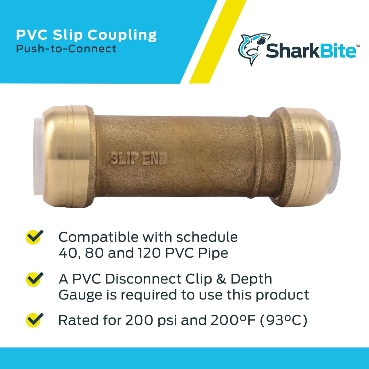 SharkBite 3/4 Inch PVC Slip Coupling, Push to Connect Brass Plumbing Fitting, PVC Pipe, UIP3016A