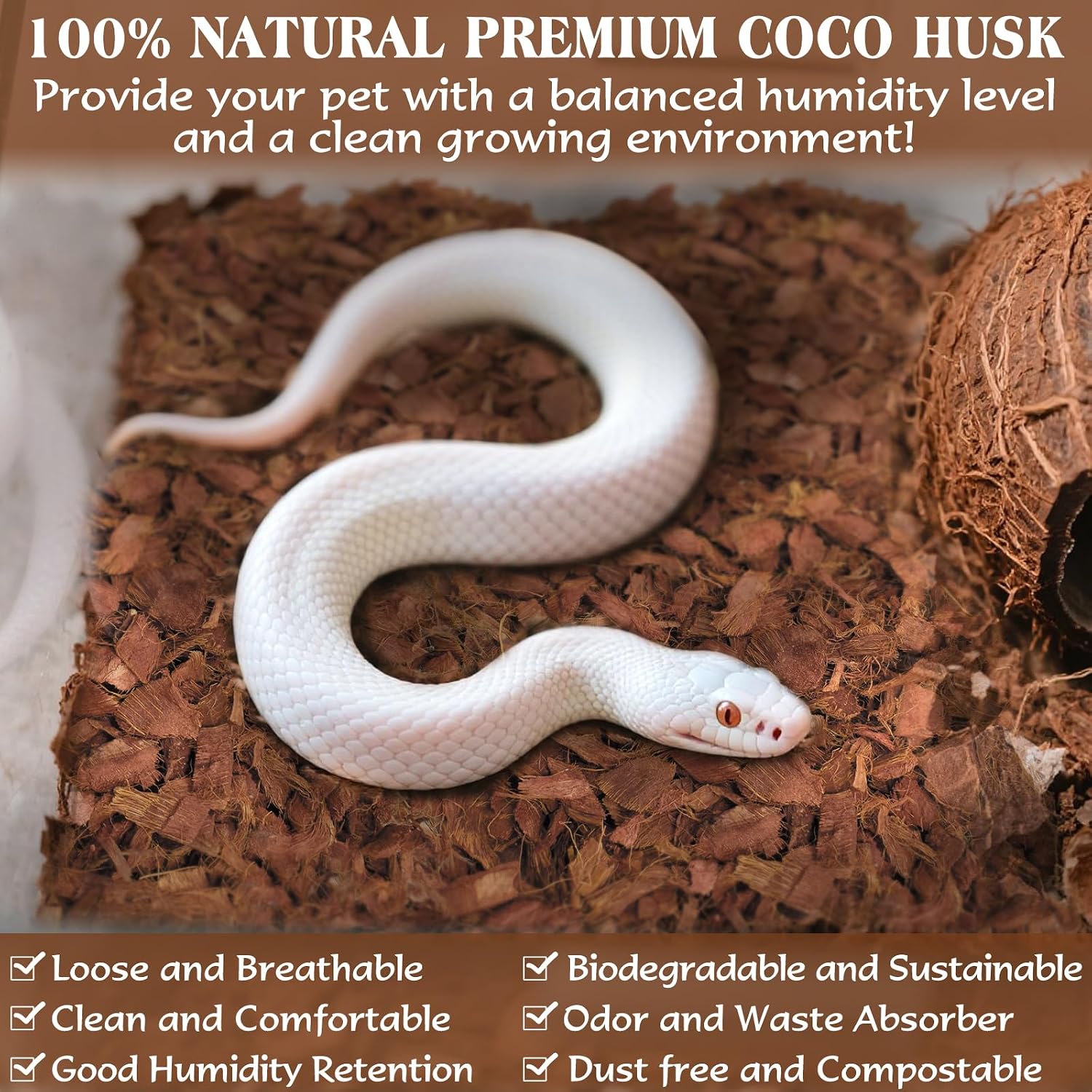 10LBS Coconut Husk Chip Substrate for Reptiles, 72QT Coco Husk Chips | Organic Coco Coir Chips for Snake Habitat