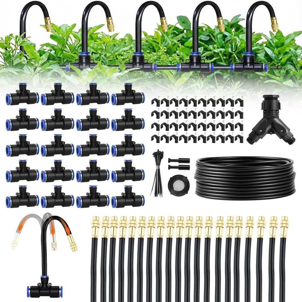 100ft 1/4-Inch Drip Irrigation Kit with 16 Adjustable Copper Nozzles, Automatic Atomizing Watering Sprinkler System