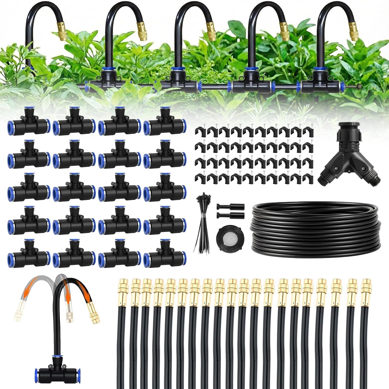 100ft 1/4-Inch Drip Irrigation Kit with 16 Adjustable Copper Nozzles, Automatic Atomizing Watering Sprinkler System