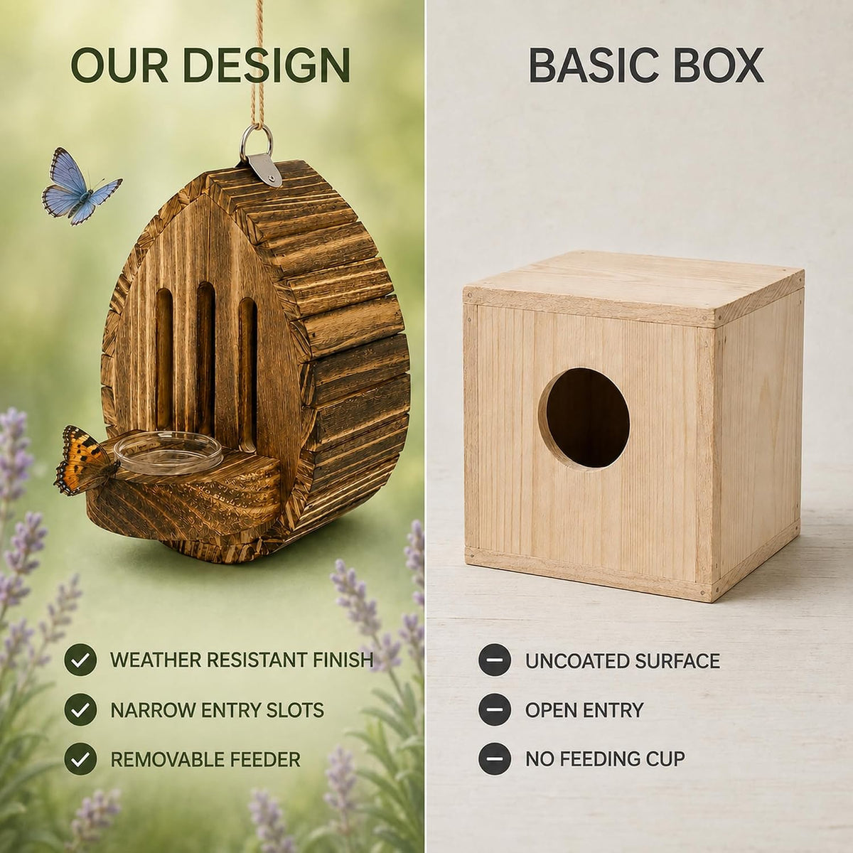 Wood Butterfly House for Outside Teardrop Habitat with Removable Feeder