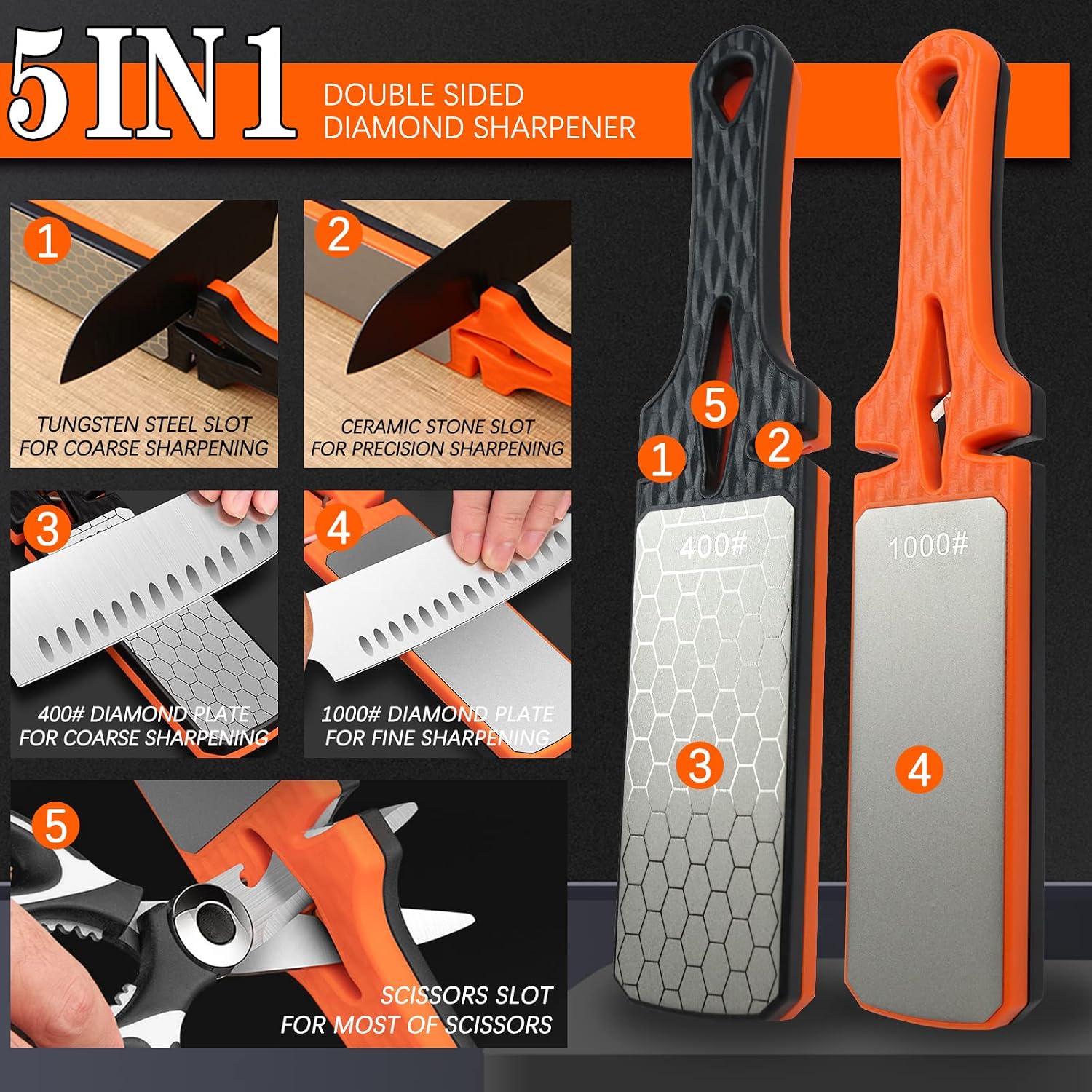 Diamond Sharpening Stone,400/1000 Grit Handheld Double-Sided Diamond Sharpener 5 in 1 Honeycomb Surface Knife