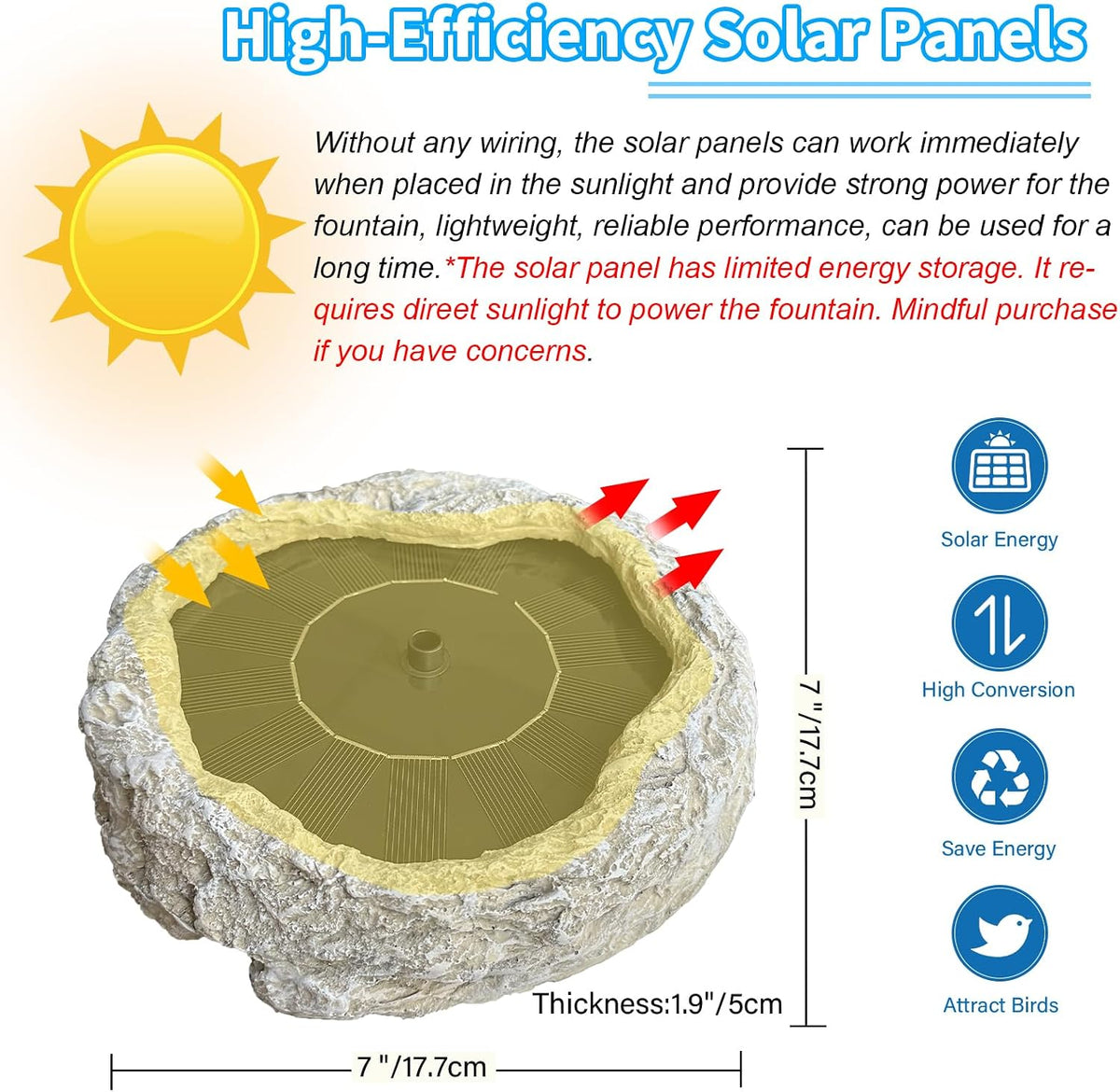 Solar Fountain for Bird Bath with Solar Panel Resin Granite Rock Solar Water Fountain Pump for Bird Bath Outdoor
