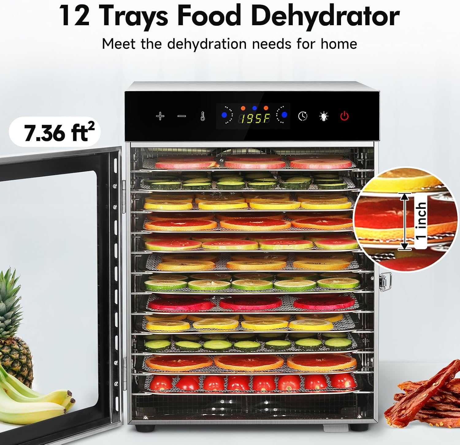 Food Dehydrator Machine 12 Stainless Steel Trays 1000W Meat Dehydrator for Home Use, 24H Timer & 195℉ Temperature
