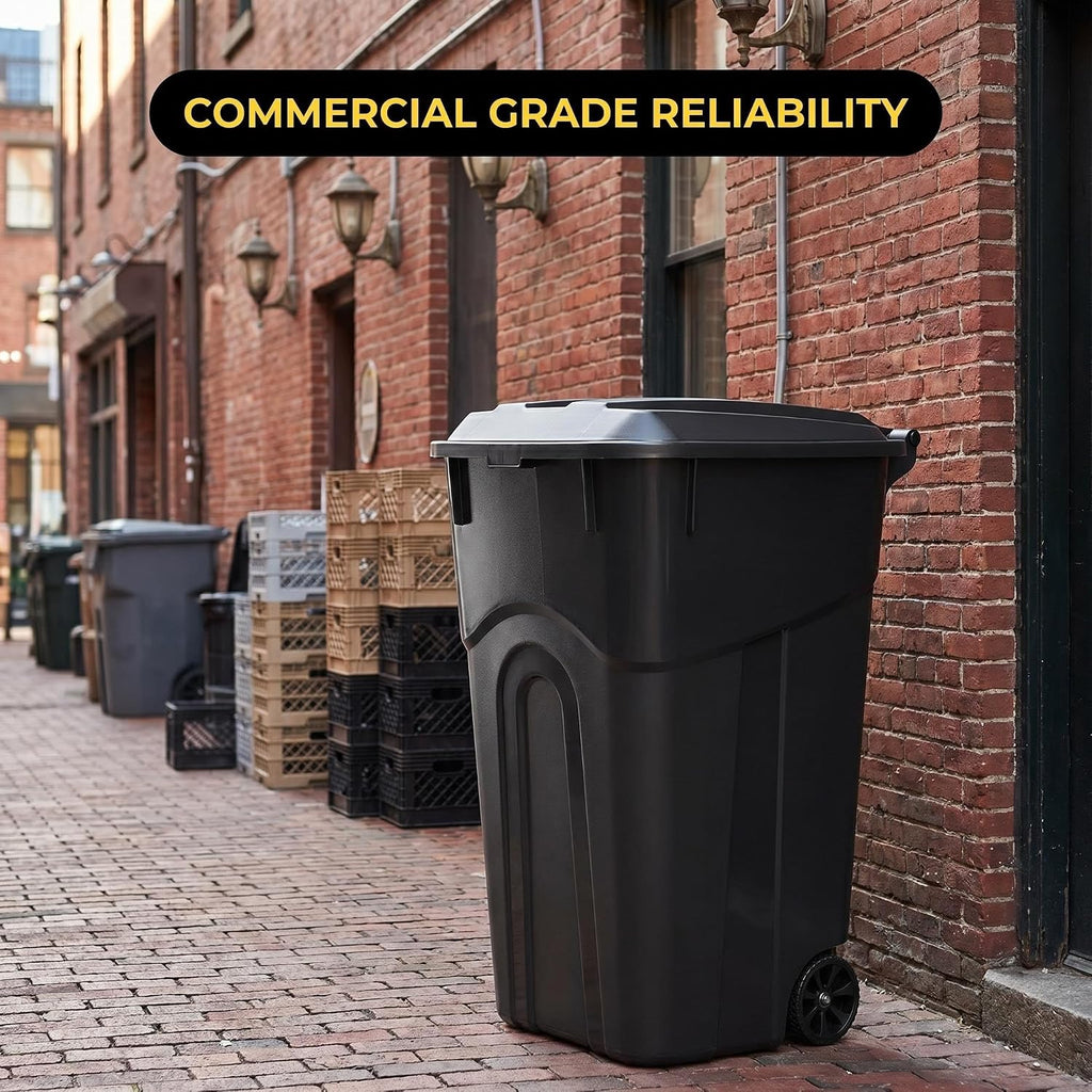 32-Gallon Wheeled Outdoor Trash Can - Heavy-Duty Black Garbage Bin with Secure Lid and Pull Handle for Yard, Patio