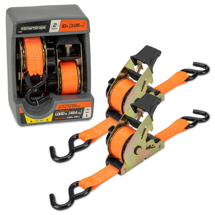 10 ft Retractable Ratchet Straps, 2 Pack, 3,000 lb, Orange