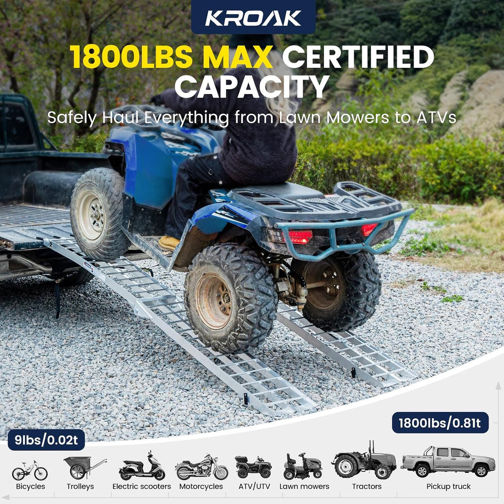 7.5FT Aluminum Loading Ramps, 1800 lbs Max Capacity, Folding Ramps for Pickup Truck & Trailer with Load Straps, for