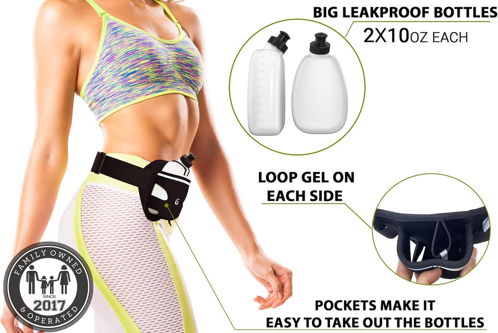 Hydration Running Belt with Bottles - Water Belts for Woman and Men - iPhone Belt for Any Phone Size - Fuel Marathon