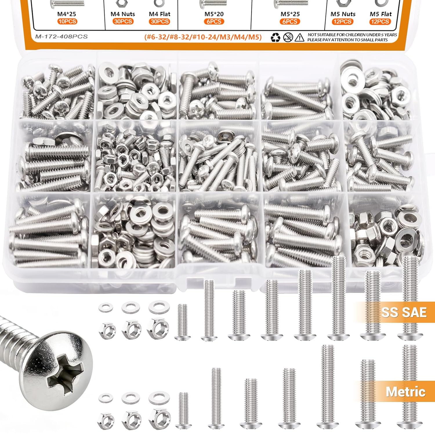 408PCS Machine Screws Nuts and Bolts Assortment Kit (# 6-32/# 8-32/#10-24 & M3/M4/M5) SAE & Metric 304 Stainless