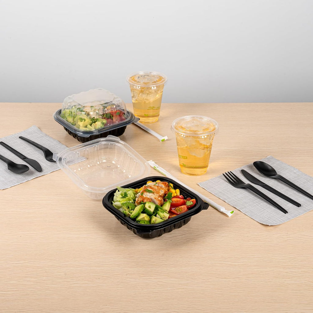 Thermo Tek 16 Ounce Clamshell Containers, 50 Disposable Take Out Boxes - Ventilated Lids, Microwavable, Black Plastic