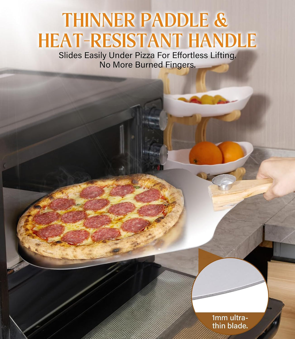 Pizza Peel 12-Inch Aluminum Pizza Paddle & Spatula with Pizza Cutter Rocker, Foldable Wood Handle – Pizza Server for