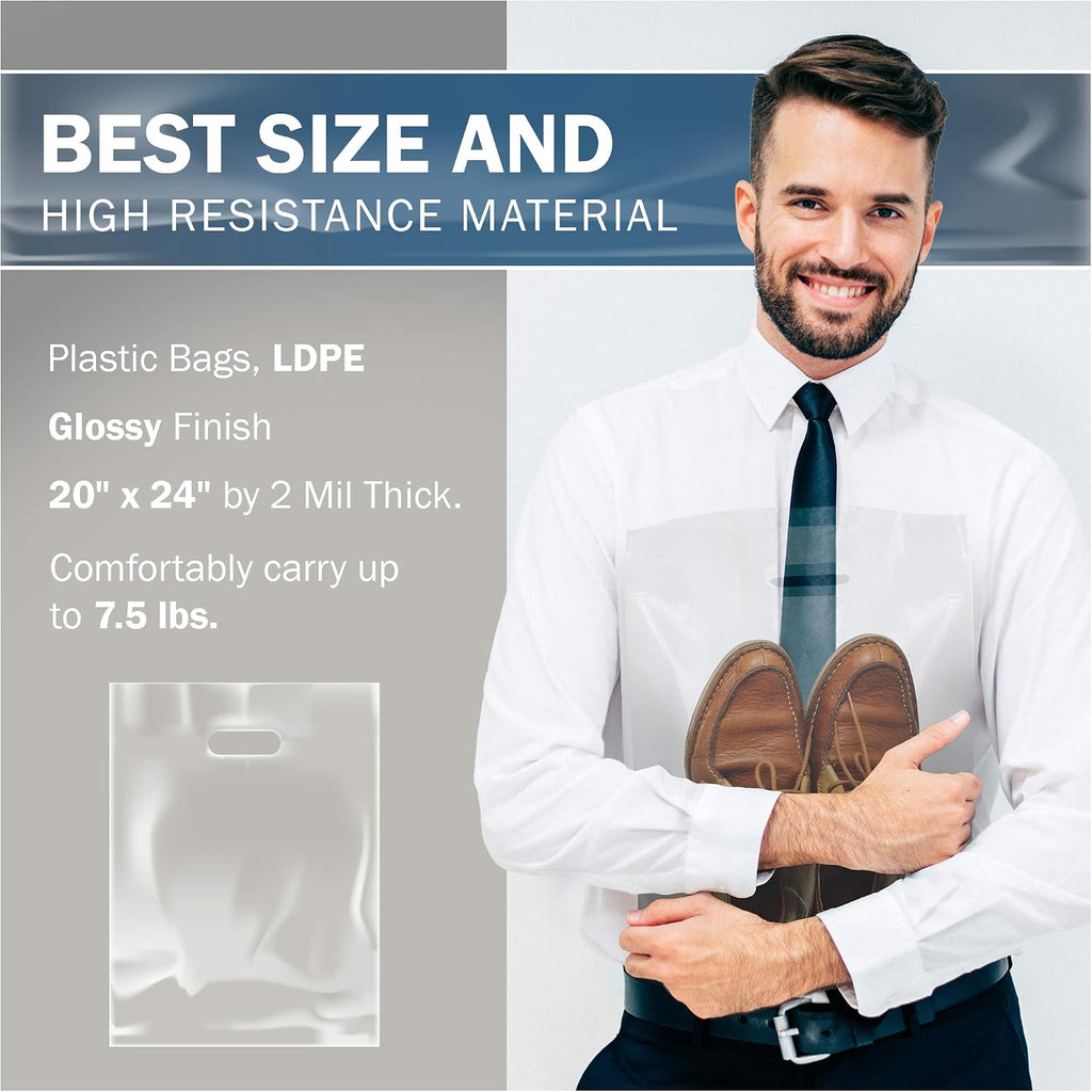 20x24 Clear Plastic Bags, Extra Large, Glossy Finish, 2 Mil Thick, 100 Pack