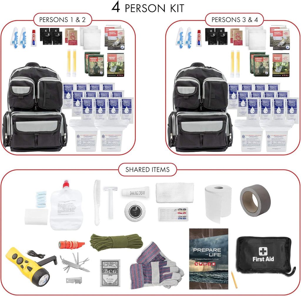 2 & 4 Person 72 Hour Survival Kit | Bug Out Bag with Food, Water, First Aid, Emergency Shelter, Survival Gear