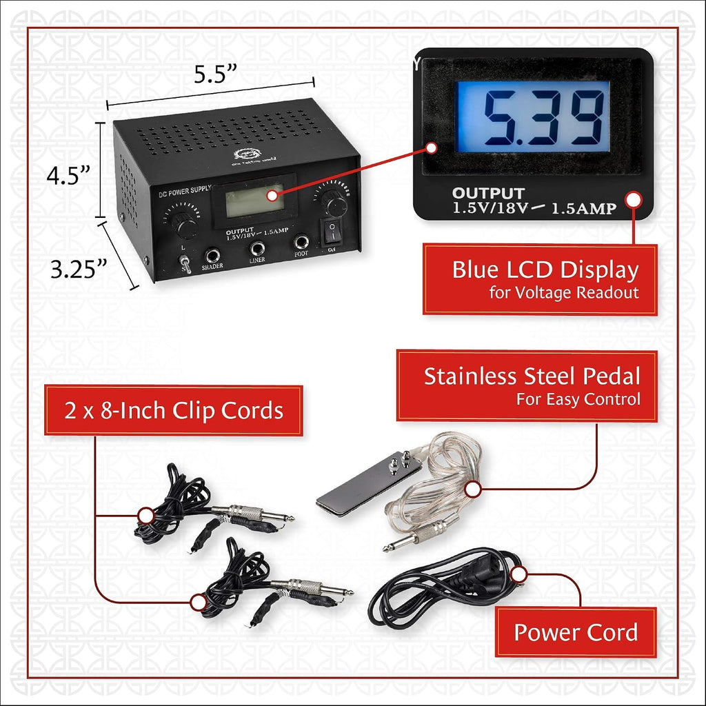 1TattooWorld Dual digital power supply with foot pedal and clip cord, OTW-P008-3.3 Black