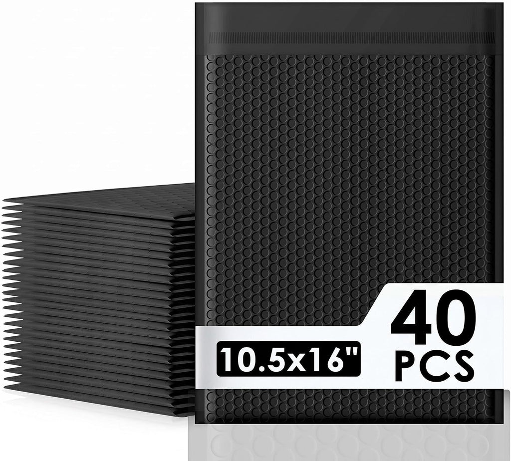 Bubble Mailers 10.5x16" 40 Pack Black Padded Envelopes Waterproof Usable Size 10.5x15 Self-Seal Padded Mailing