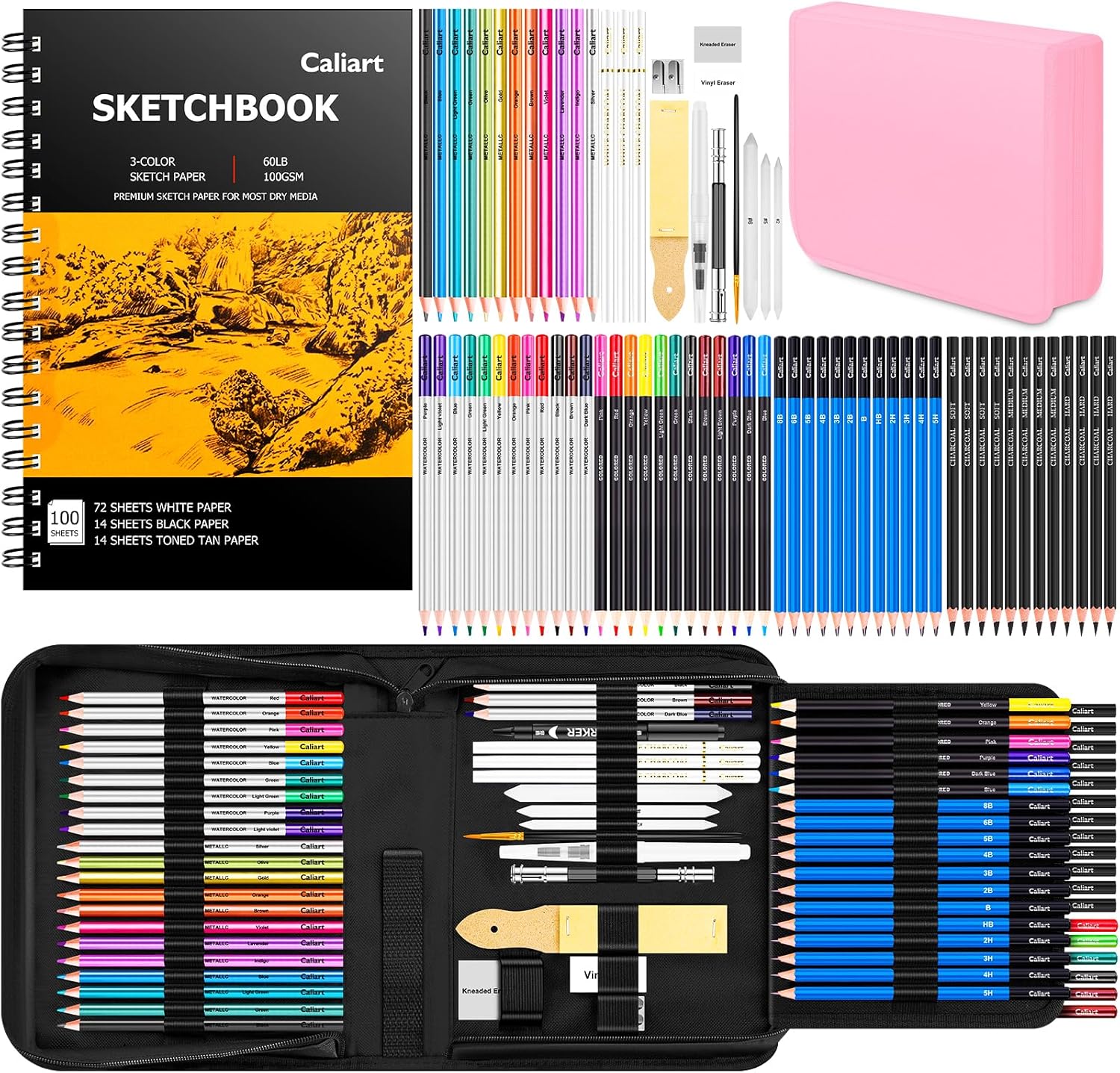 176PCS Art Supplies Sketching Kit with 100 Sheets 3-Color Sketch Book, Graphite Colored Charcoal Watercolor &