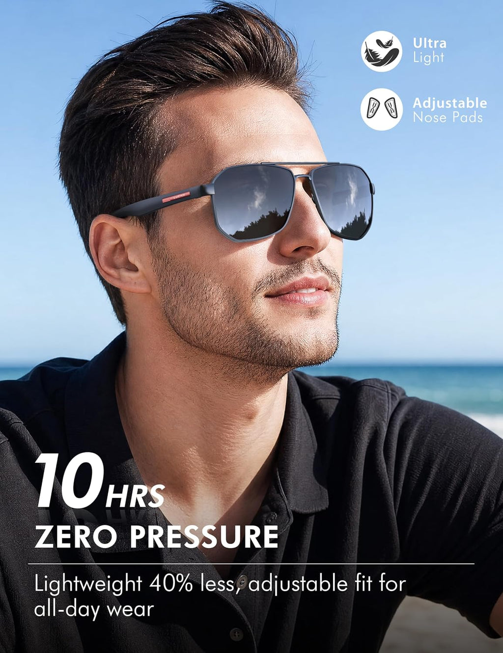 Aviator Polarized Sunglasses for Men: Square UV400 Driving | Big Head Fit,Lightweight,Adjustable Nose