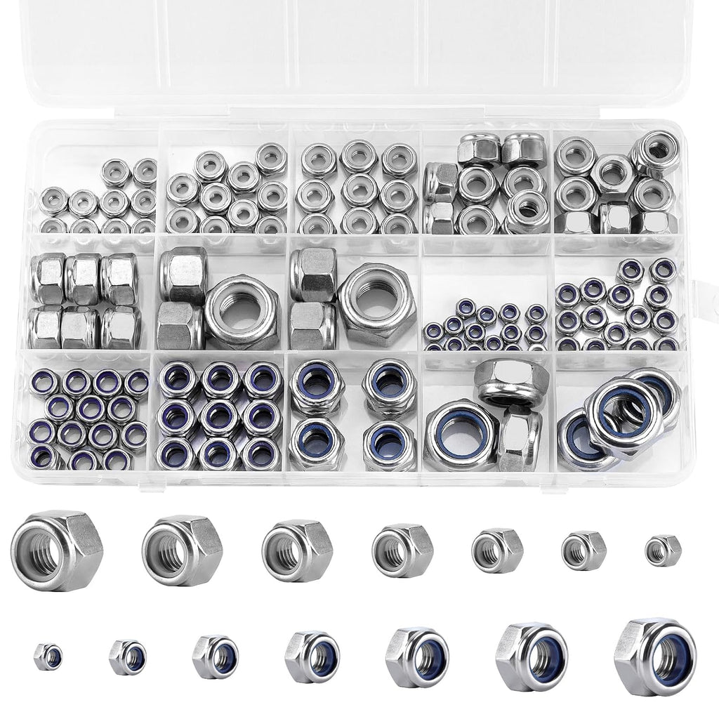 135 Pack 304 Stainless Steel A2-70 Nylon Insert Lock Nuts, SAE & Metric