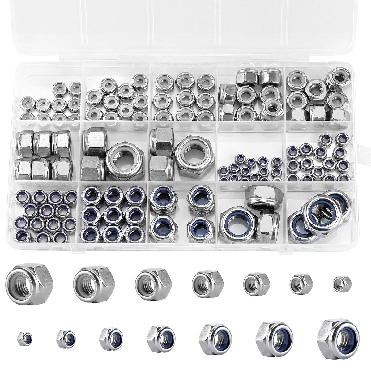 135 Pack 304 Stainless Steel A2-70 Nylon Insert Lock Nuts, SAE & Metric