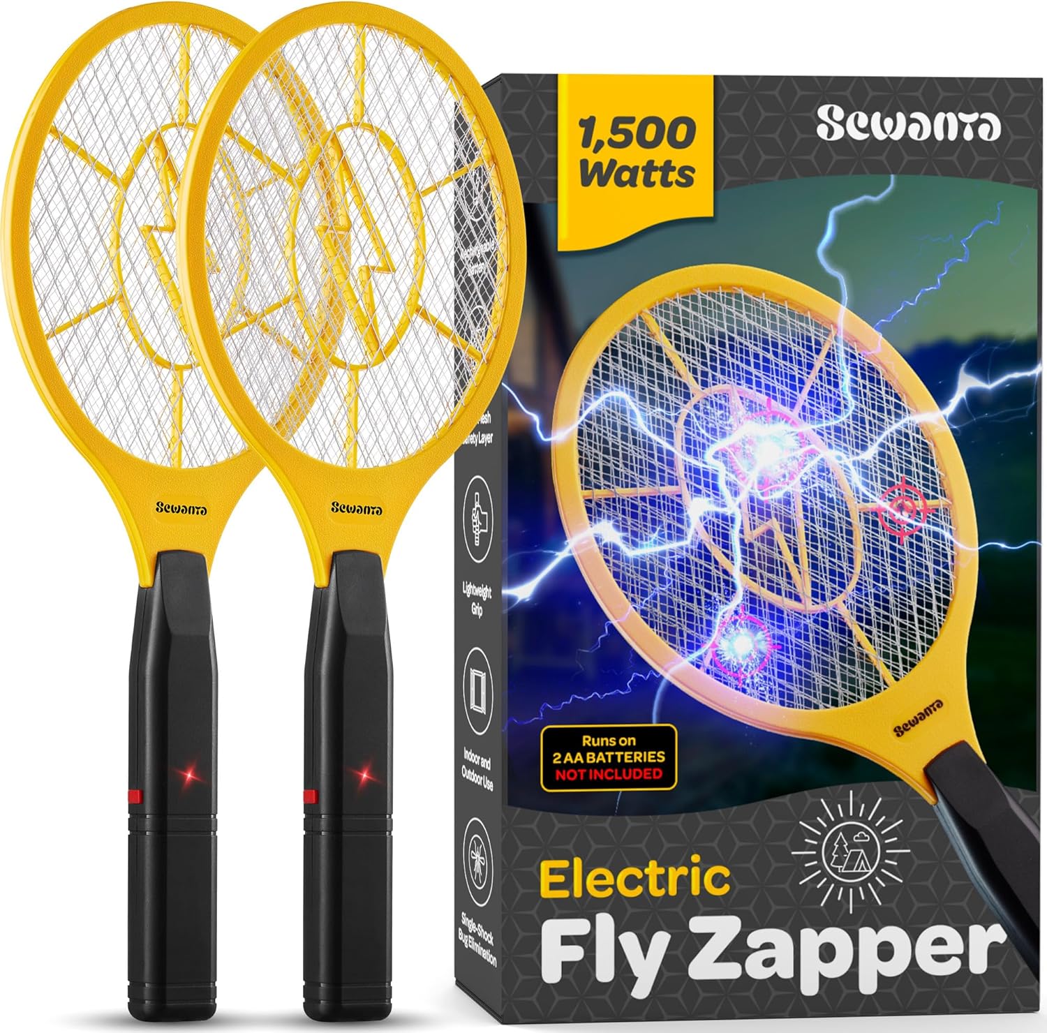 Electric Fly Swatter [Set of 2] Handheld Bug Zapper Racket for Indoor/Outdoor - Powerfull 1500 Volt Instant Flies/Bug