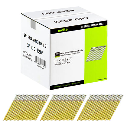28 Degree Framing Nails 3" x.120 Galvanzied Wire Collated 2,000PCS