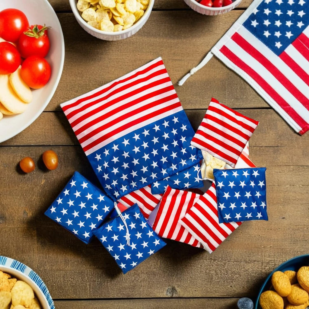 Patriotic Cornhole Stars & Stripes Bean Bags with Drawstring Bag - 6" Bean Bags with 12" Drawstring Bag (Set of 9)
