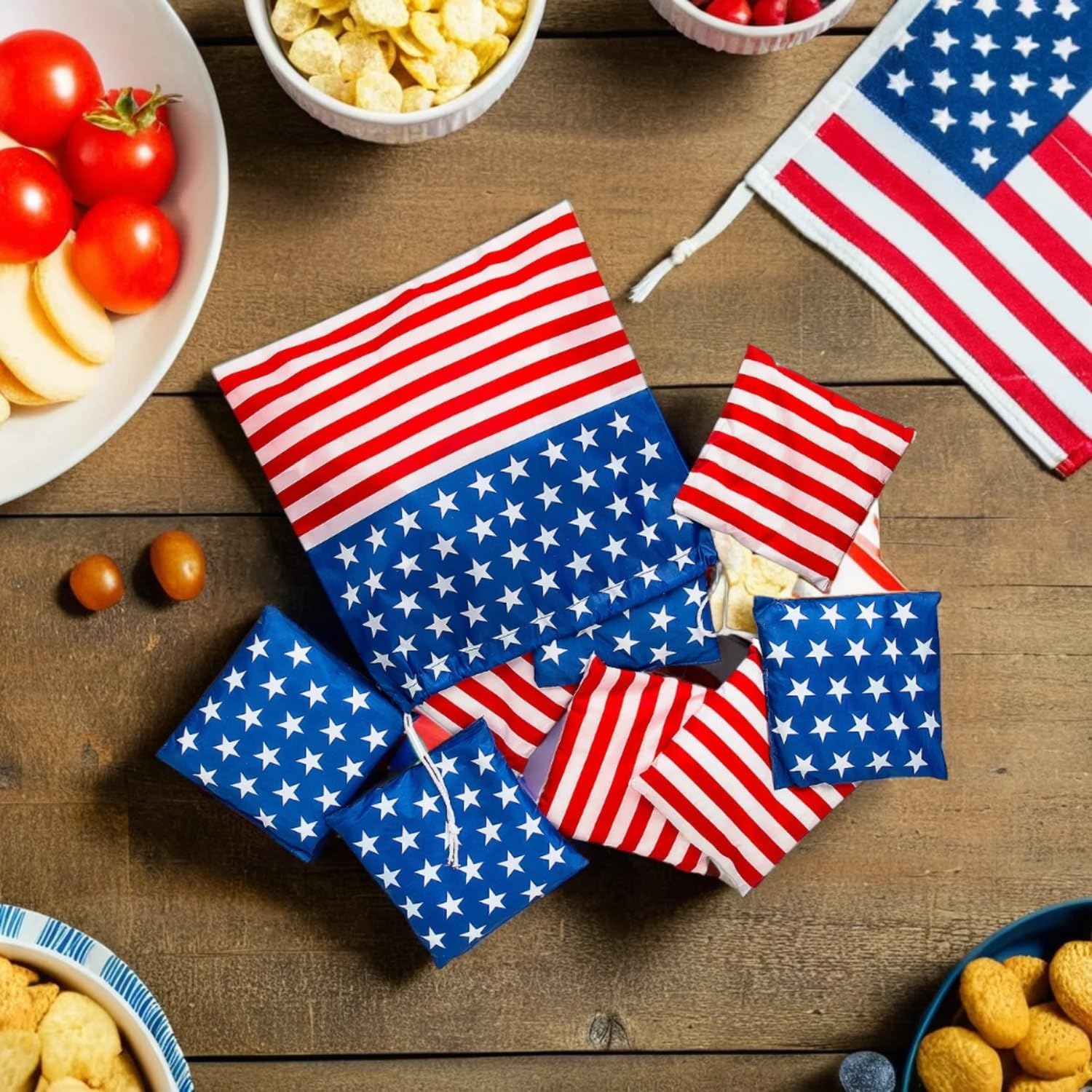 Patriotic Cornhole Stars & Stripes Bean Bags with Drawstring Bag - 6" Bean Bags with 12" Drawstring Bag (Set of 9)