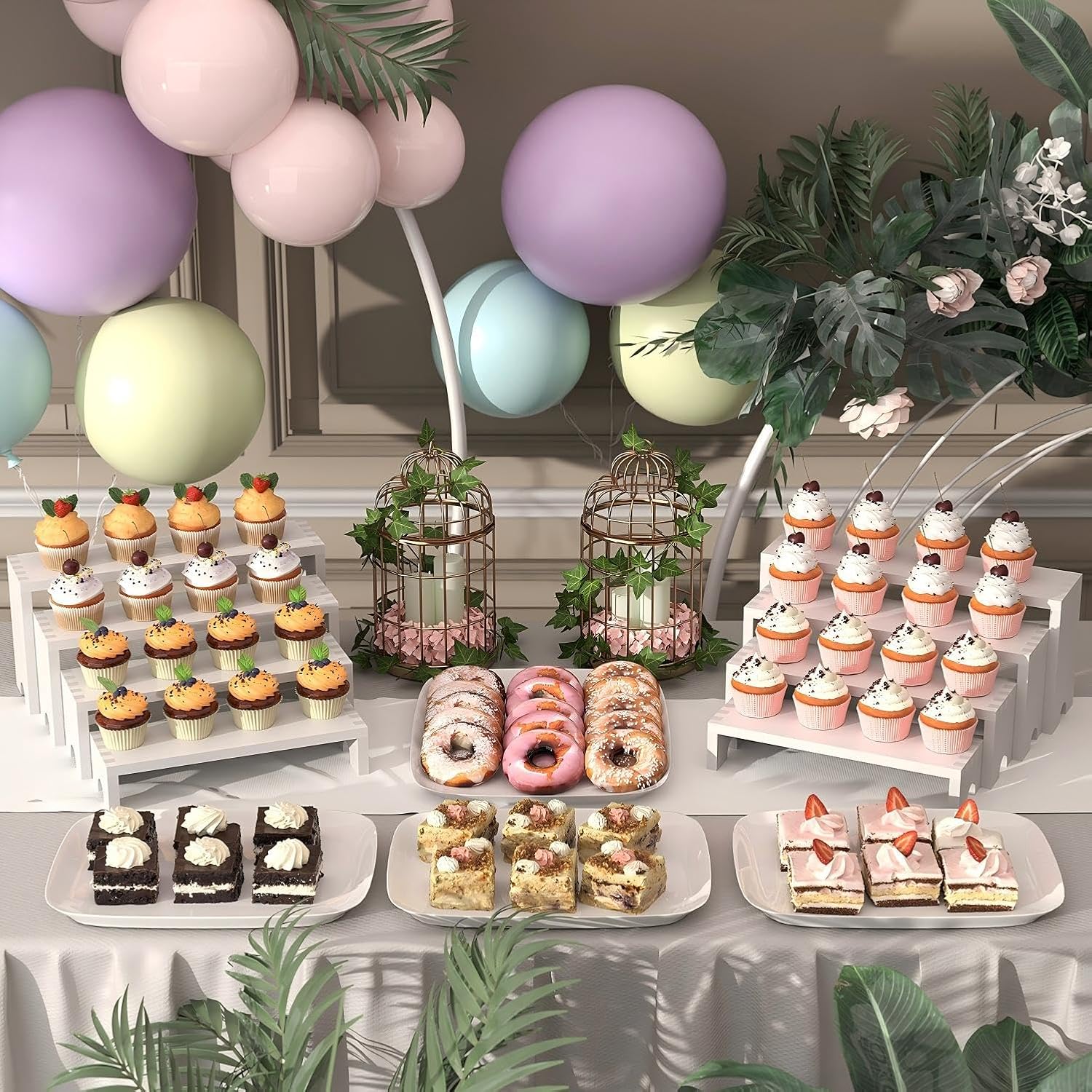 2 Set White Wood Tiered Riser Display Stands for Vendor Events,Stackable Wooden Cupcake Stand,Farmhouse Decor Wood