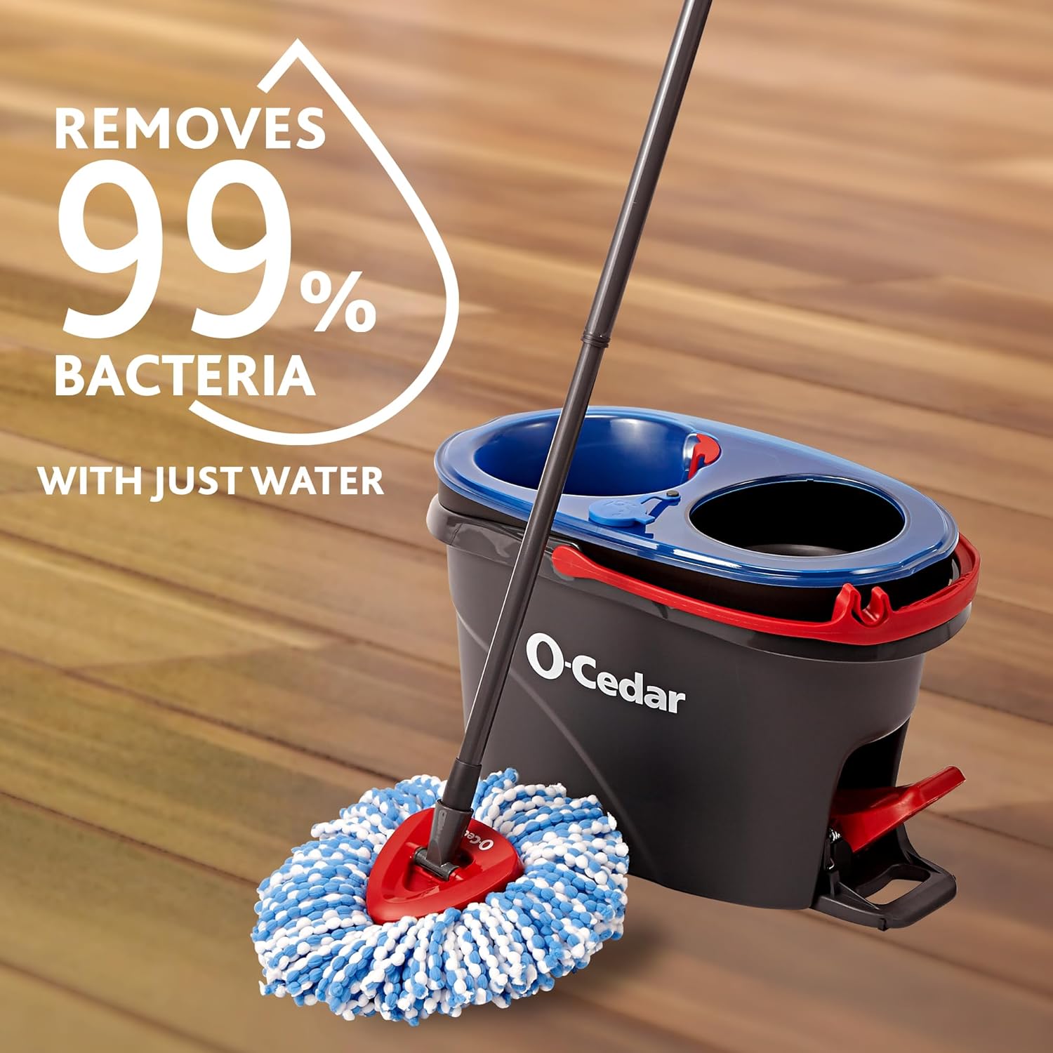 O-Cedar RinseClean Spin Mop & Bucket System + 2 Extra Mop Heads | Clean with Water | Removes 99% of Bacteria