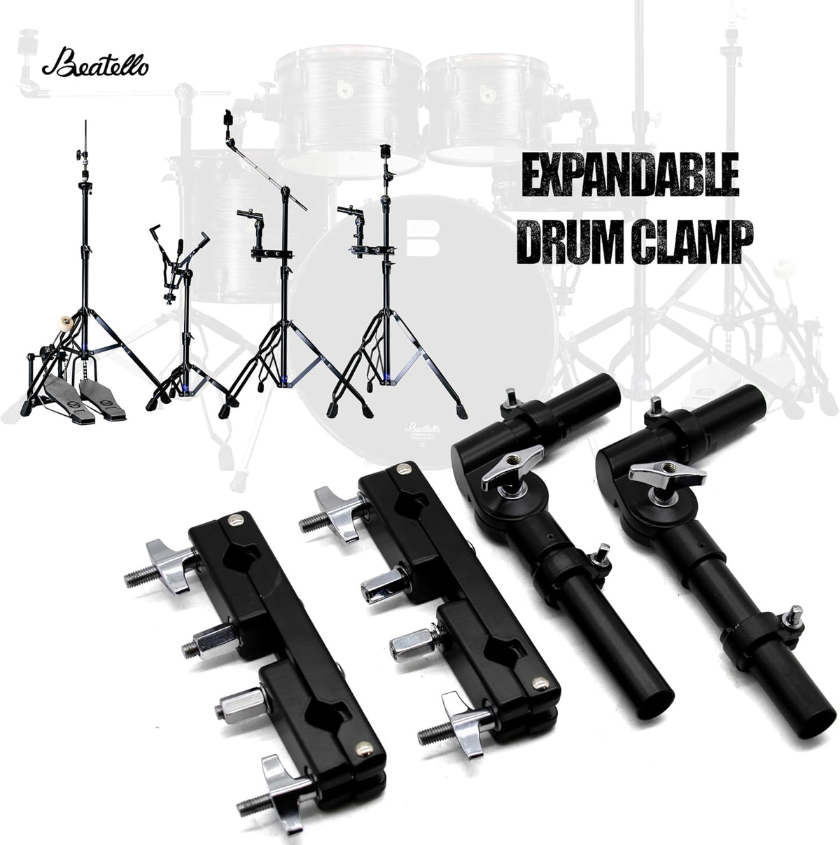 5-Piece Drum Hardware Pack with Bass Pedal - Heavy Duty Alloy Stands, Tom Holders & Multi Clamps, Tool-Free Adjust