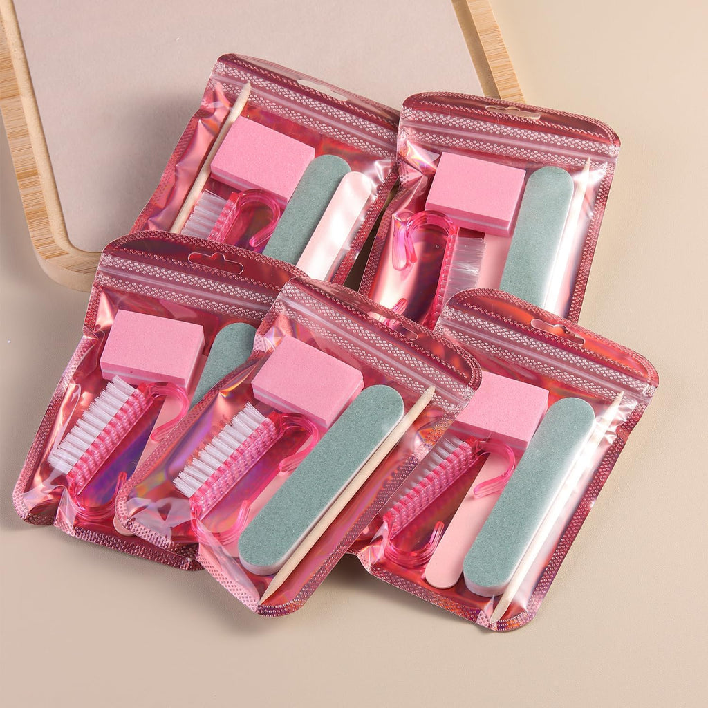 Disposable Manicure Kit Basics 5PCS Nail Kit, Mini Nail Files Buffers Bulk Handle Grip Brush Orange Wood Stick