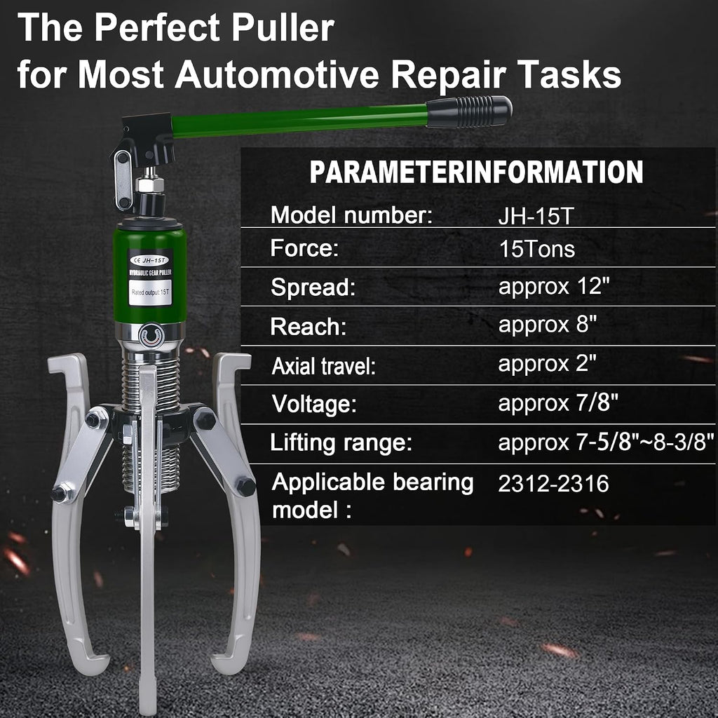 15-Ton Hydraulic Gear Puller with 2 & 3 Jaw 12" Reach