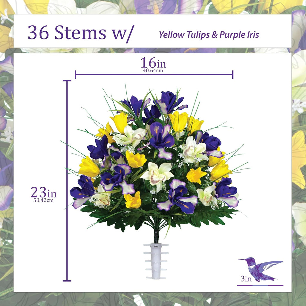 Artificial Cemetery Flowers - Grave Decoration - Yellow Tulips and Purple Iris (1) Headstone Saddle (2) Bouquets