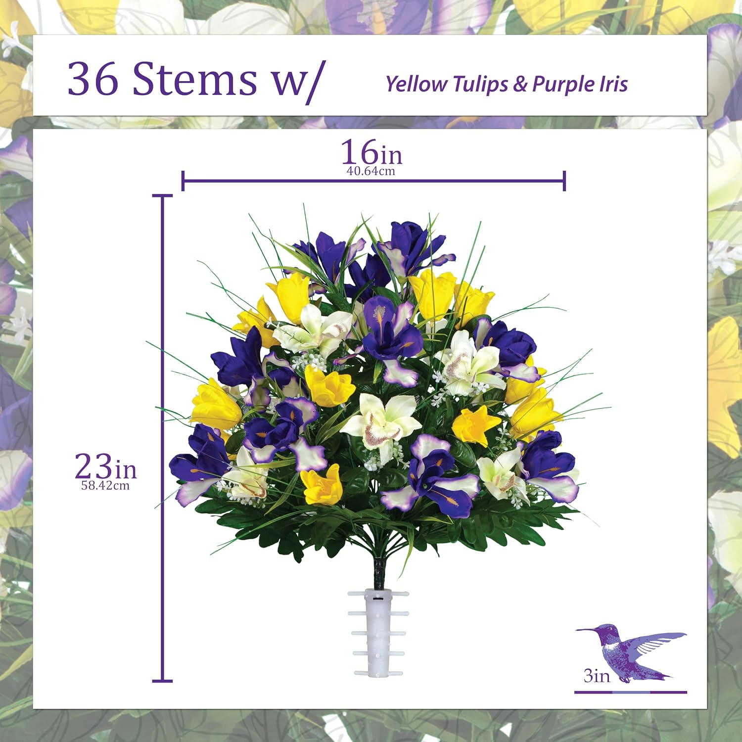 Artificial Cemetery Flowers - Grave Decoration - Yellow Tulips and Purple Iris (1) Headstone Saddle (2) Bouquets