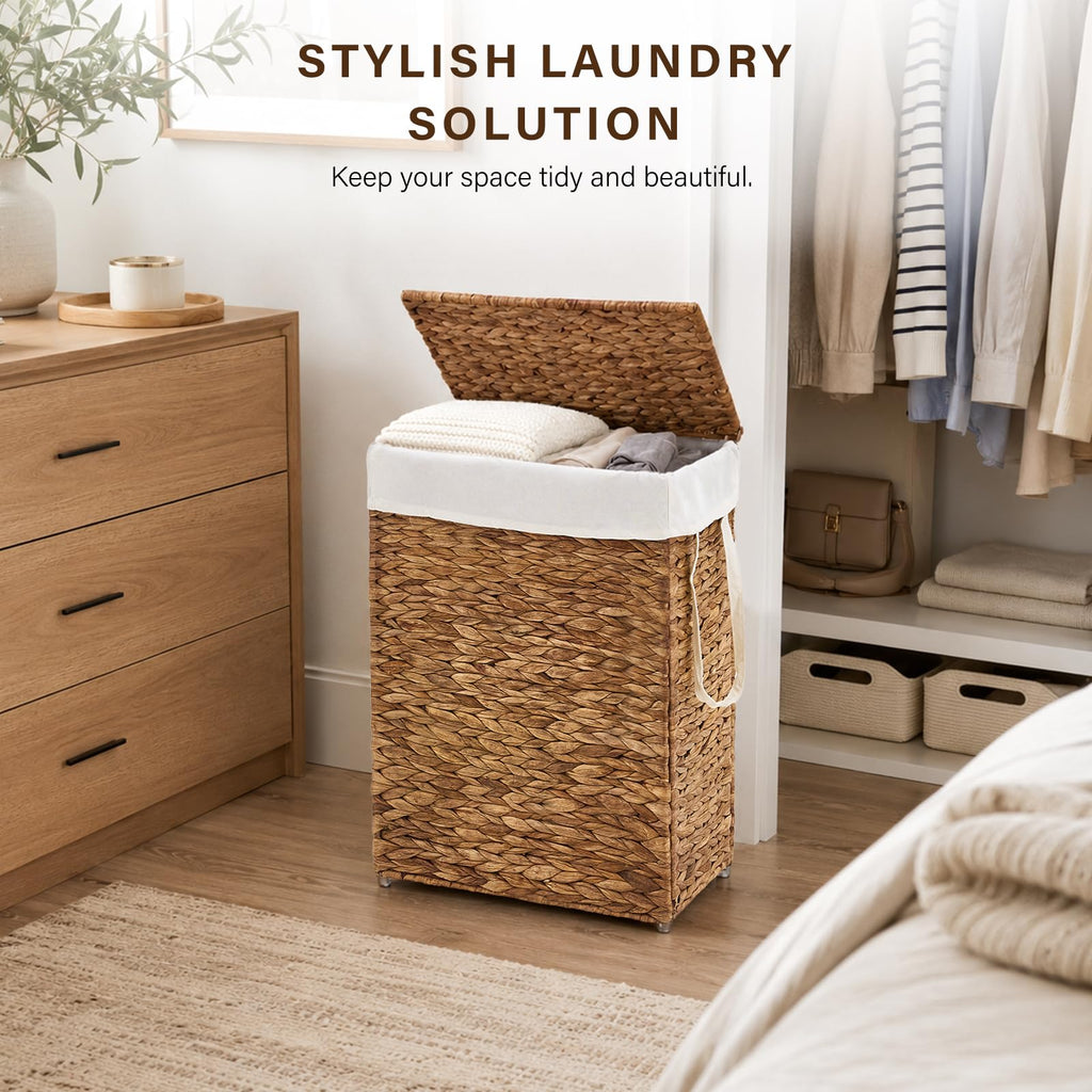 Slim Laundry Hamper with Lid, Handwoven Natural Water Hyacinth Basket