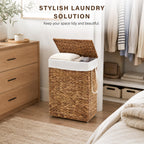Slim Laundry Hamper with Lid, Handwoven Natural Water Hyacinth Basket