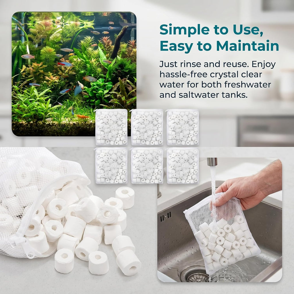 6 Lb Aquarium Filter Media Ceramic Rings, Premier Bio Filter Medias with Zipper Mesh Bags for Koi Pond, Canister