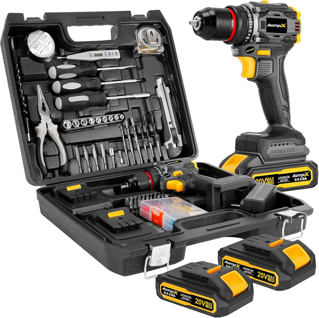 Brushless Compact Drill Tool Set, 60N.m 20V Cordless Drill Tool Box with 2 Battery, 135Pcs Man Household Combo Set